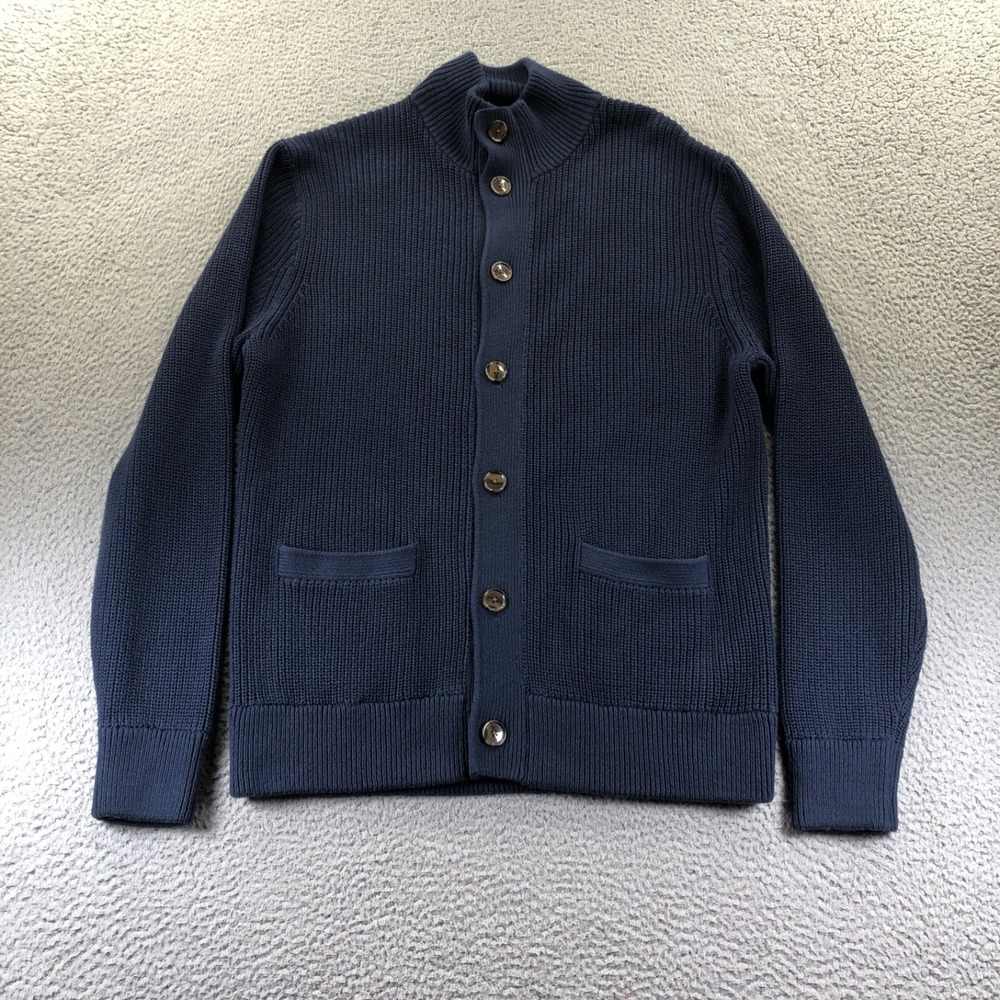 J.Crew Sweater Large Navy Blue Knit Cardigan Heavy Cotton Mock Pockets New